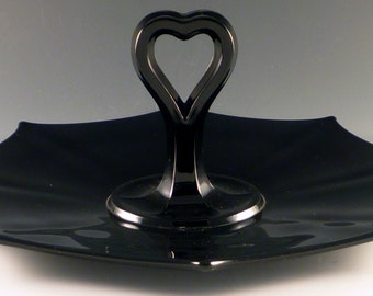 Imperial Molly Black Depression Glass Center Handled Server CHS Sandwich Tray Ebony Heart Shaped Handle Glassware Vintage Authentic