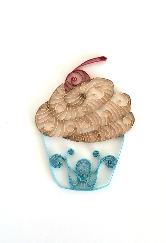 Quilling Paper Tan and Blue Cupcake Home by ThePaperyCraftery