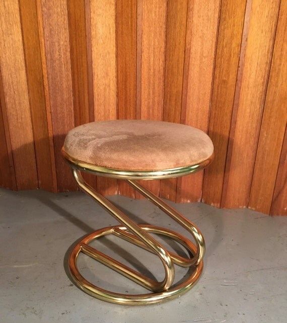 Mid Century Modern Brass Z Base Stool with Upholstered Tan