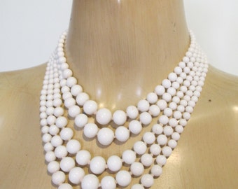 NECKLACE 5 Strand White Milk Glass Genuine 1950's VINTAGE Choker Graded Beads Retro