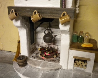 DollHouse Miniature Fireplace - Medieval Cottage Tudor Fireplace 1:12th Kitchen Cooking