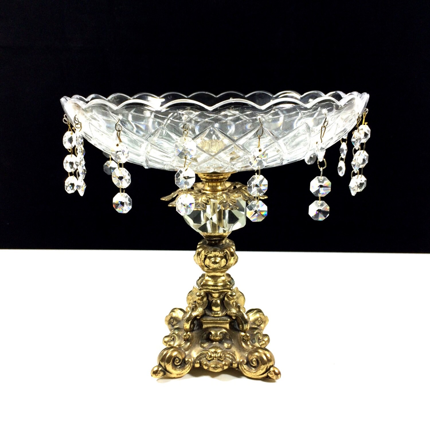 Large 9″ Vintage Crystal Prism Compote with Gold Ormolu Base, 9.5″ Tall