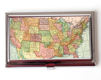 Vintage US Map Business Card Case - American Wall Map Business Card Holder - Retro Atlas Business Card Case