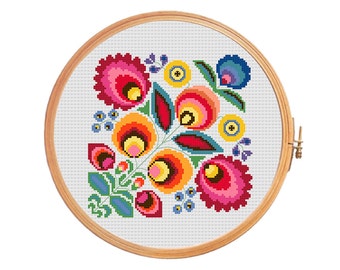 Polish wycinanki flowers - modern cross stitch pattern - pillow flower cross stitch pattern geometric red polish wycinanki summer