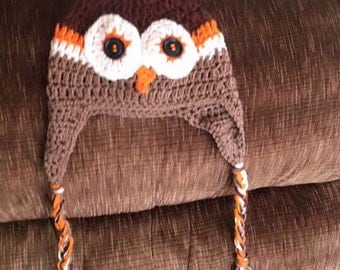 Owl hat with earflaps and braids