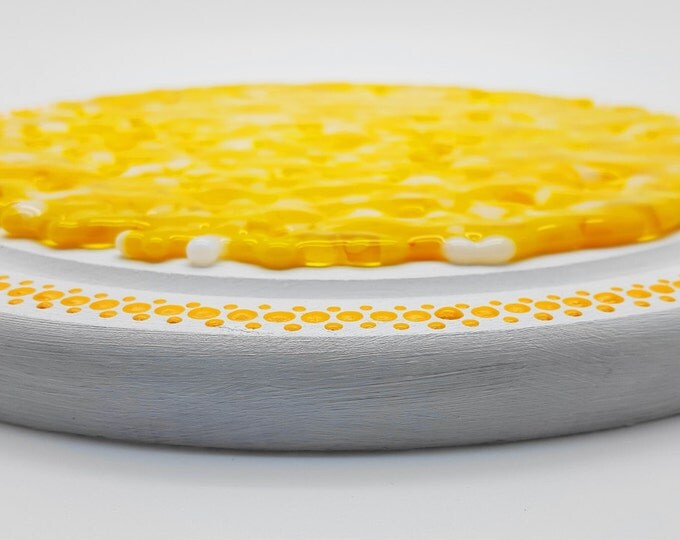 Yellow casserole/plant stand. Fused glass / wood round pot stand. Table centre, condiment holder. Pan stand. Housewarming gift. Home decor