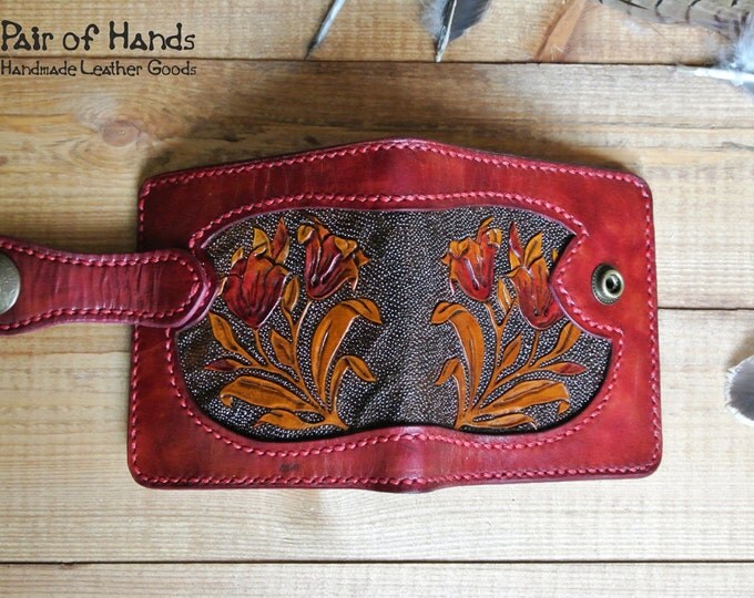 leather wallet/ tooling leather/ handmade/flower/modern/red wallet/