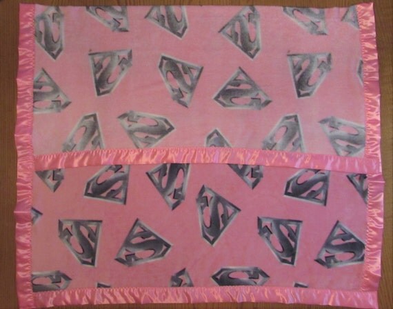 Girls super hero blanket/ satin edge blanket/ girls blanket / superhero blanket/pink and gray / plush / pink satin edge