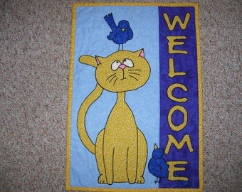 Cat wall quilt-welcome quilt-cat and bird quilt-machine quilted and appliqued