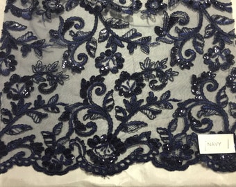 Navy blue corded flowers embroider with sequins on a mesh lace fabric-wedding-bridal-prom-nightgown-sold by the yard-