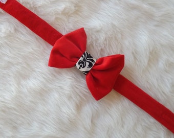 Christmas Bow Tie- Red Corduroy Bow Tie- Baby Boys necktie- Red Bow Tie - Boy- Boys- Neckwear- Red, Black and White- Damask - photo prop-