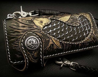 Japanese Koi Pattern Leather Wallet, 925 Silver Concho / K04C1