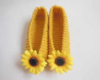 YELLOW Sunflowers COTTON Womens Slippers, NonSlip Soles, House Slippers, Knitted Footwear, Ballet flats, Handmade shoes, NenaKnit, Gift Wrap