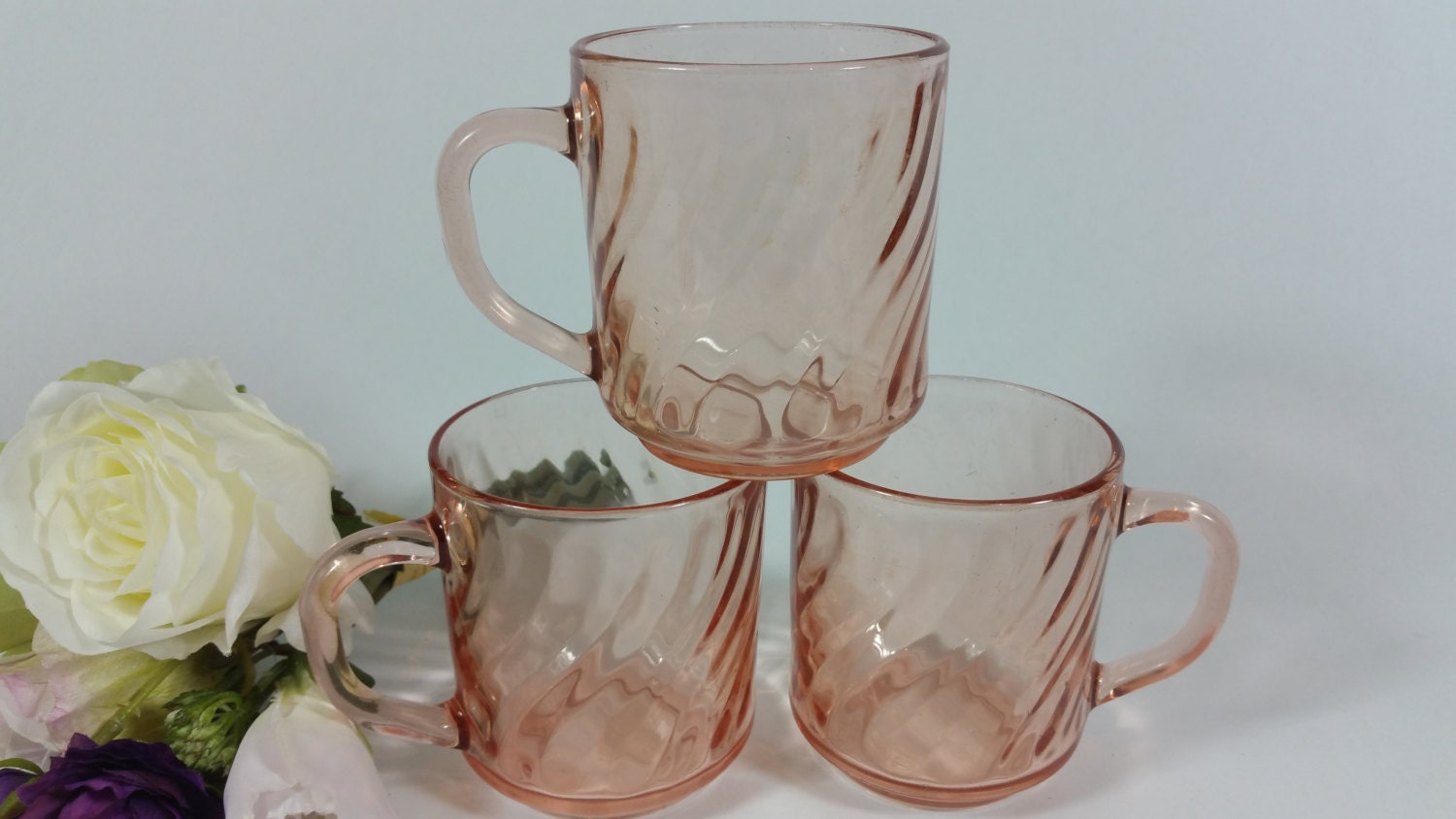 Four Depression Glass Pink Arcoroc Pink Swirl Rosaline Vintage