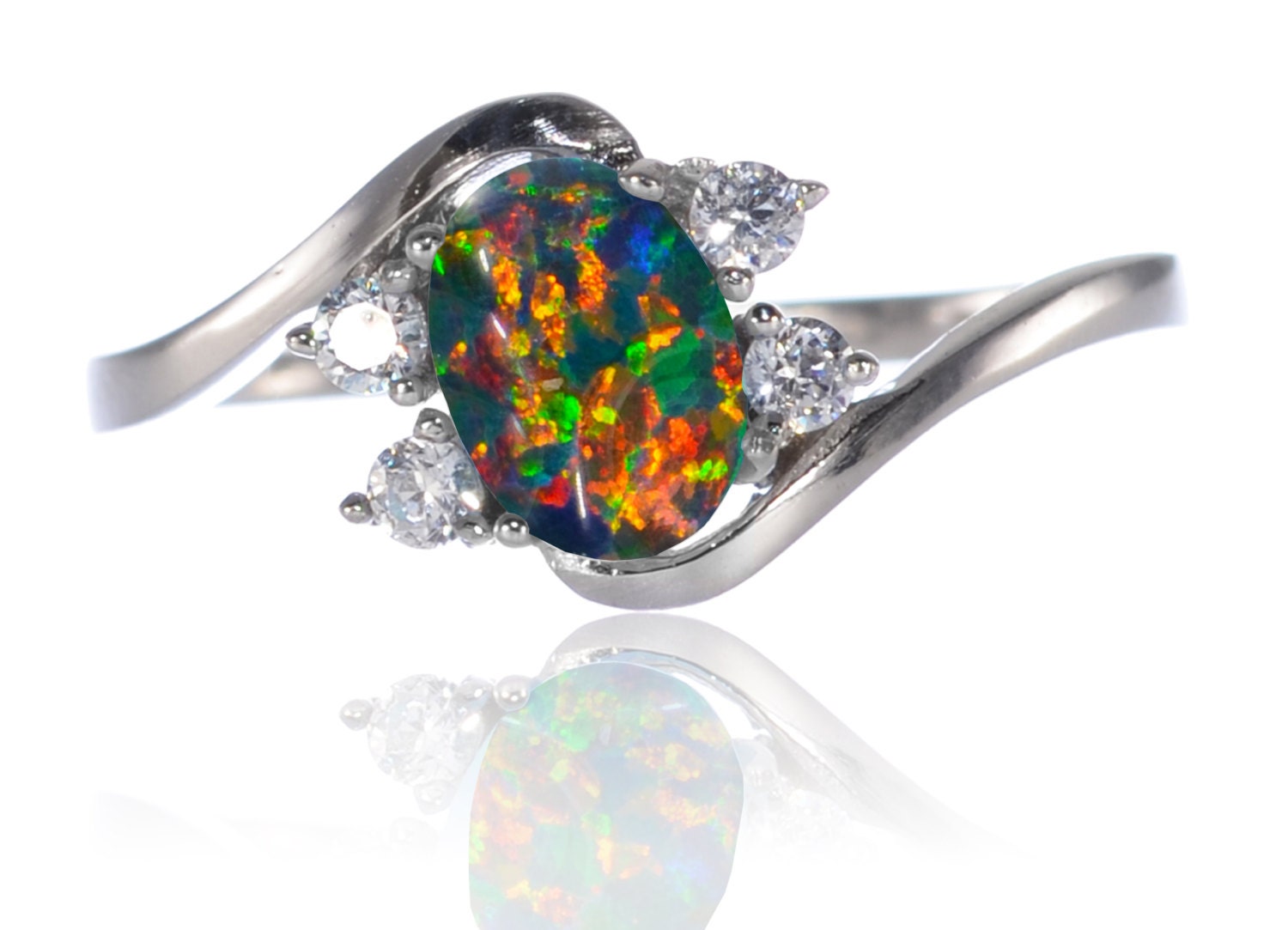 Elegant Oval Cut Australian Black Fire Opal w/ Simulated