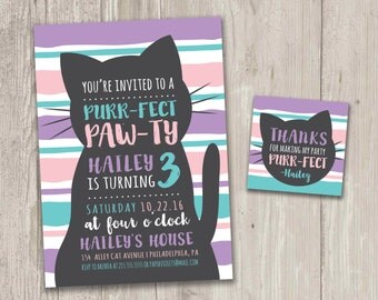 Kitty Cat Birthday Invitation, Purr-fect Pawty, Cat Birthday Invitation | Digital File