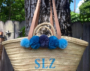 monogrammed bag with pompoms, pompom straw bag, personalized straw bag, customized beach bag, market bag, market tote, toy storage basket