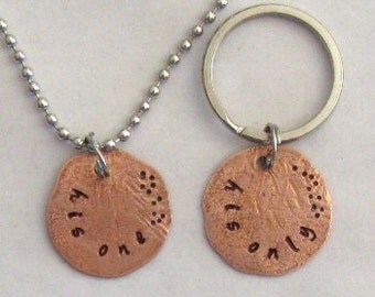 LGBT couples gift set, key chain necklace, hand stamped, smashed penny charms, his one his only, gay couples keepsake, made in USA