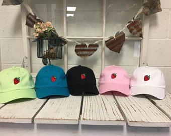 Strawberry Dad Hat Embroidered Fruit Baseball Cap Tumblr Hats, Hipster Cap Low Profile Curved Bill - Multiple Colors Gift for Her