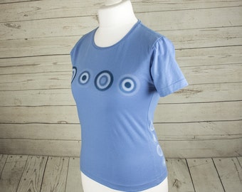 Clothing, Women's blue tee, ladies t-shirt, ladies top, casual wear, with handprinted silk screen circles design in dark blue and white