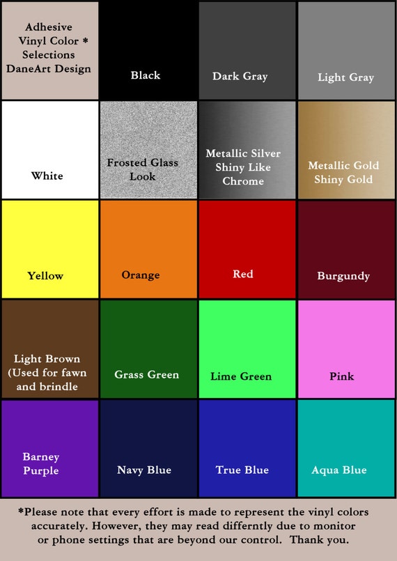Color Chart for Vinyl Decals by DaneArtDesign on Etsy