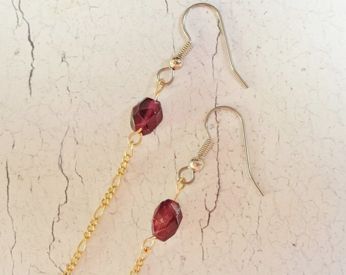 Dainty Garnet Earrings ~ Genuine January Birthstones & Tiny Gold Heart Charms ~ Feminine and Flirty Shoulder Duster Earrings for Everyday