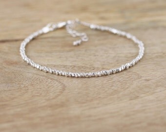 Dainty Beaded Sterling Silver Bracelet. Delicate Karen Hill Tribe Stacking Bracelet. Bead Jewellery. Jewelry. Adjustable Skinny Bracelet