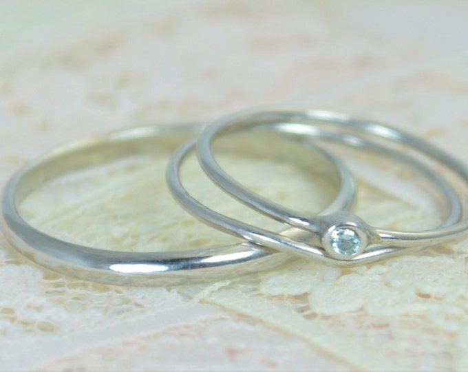 Tiny Aquamarine Ring Set, Solid White Gold Wedding Set, Aquamarine Stacking Ring, White Gold Aquamarine Ring, March Birthstone, Bridal Set