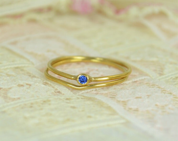 Tiny Sapphire Ring Set, Solid 14k Gold Wedding Set, Stacking Ring, Solid 14k Gold Sapphire Ring, September Birthstone, Bridal Set, Gold