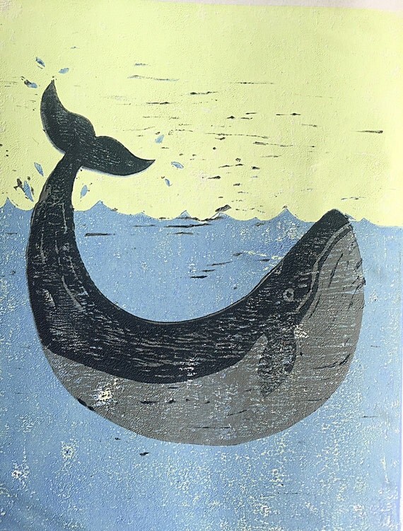 Blue whale reduction lino print