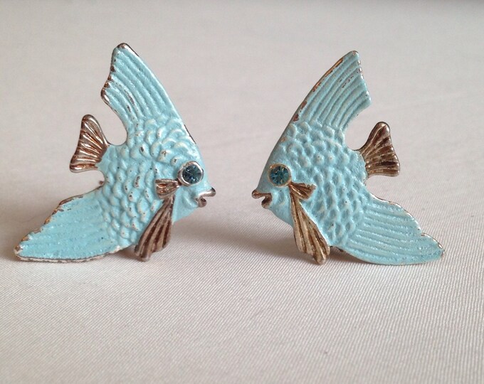 Storewide 25% Off SALE Vintage Enamel Powder Blue Tropical Fish Clip Earrings Featuring Faceted Rhinestone Accents With Whimsical Design