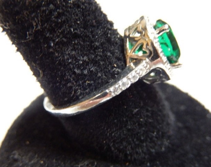 Storewide 25% Off SALE Vintage Sterling Silver Emerald Green Faceted Designer Cocktail Ring Featuring Elegant Clear Stone Accented Design