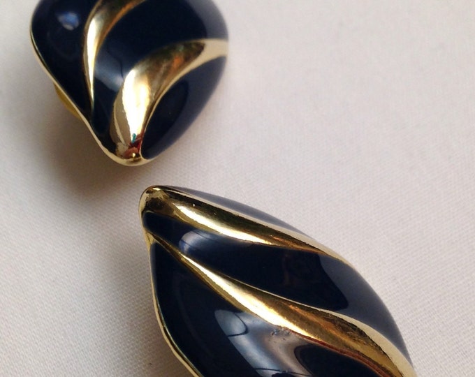 Storewide 25% Off SALE Vintage Gold Tone Blue Enamel Tulip Bud Designer Earrings Featuring Deep Cobalt Blue Design