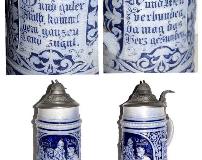 Storewide 25% Off SALE Vintage Octoberfest Celebratory Style Authentic German Beer Stein Featuring Cobalt Blue Design With Pewter Lid