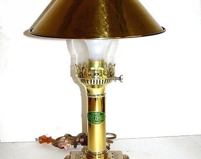 Storewide 25% Off SALE Vintage Paris Orient Express Matching Claw Foot Designer Brass Table Lamps Featuring Brass Lampshades And Original Ta