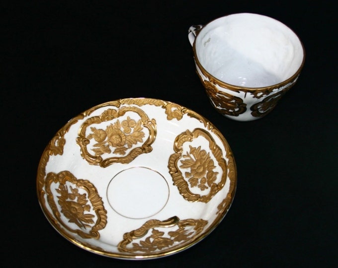 Storewide 25% Off SALE Vintage Gold Trim Hand Painted Oversized Porcelain Cup & Saucer Set Featuring French Provincial Design