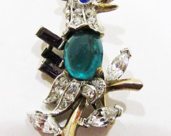 Fantastic 1940s Signed Crown Trifari Alfred Phillipe Jelly Belly Woodland Fantasies Bird Pin
