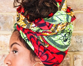 African Green Red Print head wrap | Turban Wax print Head wrap | Ankara headscarf | African wax print Headband | Ladies Scarf | Print 8