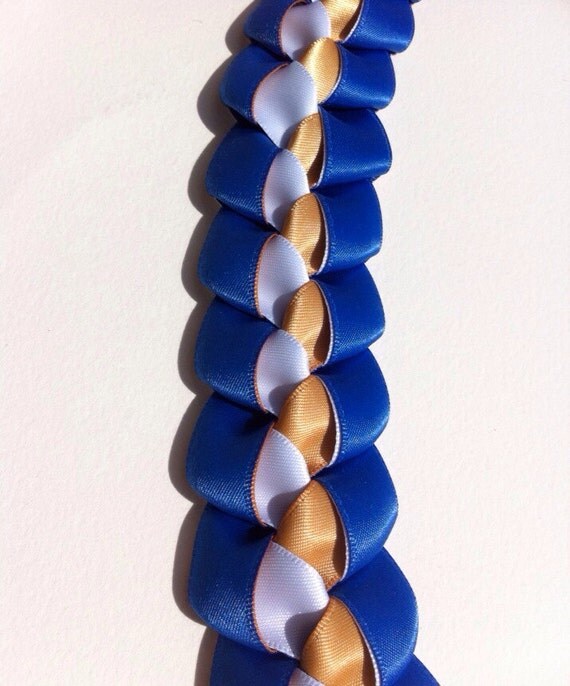 Royal Blue White & Gold Lei Single Braided Satin Ribbon Lei