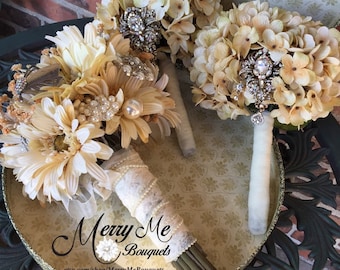 Rustic Brooch Bouquet Set - Champagne Bouquet Set - Hydrangea Bouquet - Hydrangea Brooch Bouquet - Rustic Bouquet - Champagne Hydrangeas