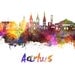 Aarhus skyline in watercolor over white background with name