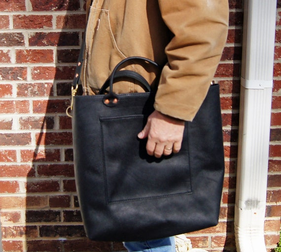 Extra Large Black Leather Tote Bag Handmade by CrawdadLeather