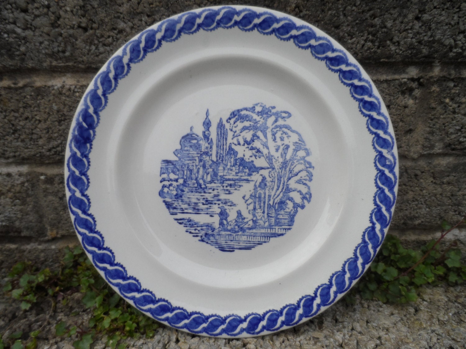 Antique spongeware style plate blue antique ceramic pottery