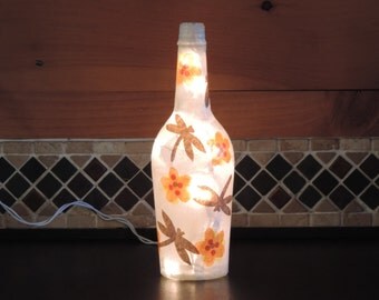 Handcrafted wine bottle light with dragonflies and flowers - dragonfly light