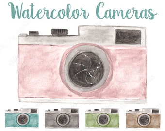 5 Watercolor retro cameras, clipart, camera vector, photography logo, hand painted clipart, No credit aquired