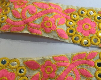 1 yard colourful Shisha Mirror trim,Pink Ribbons,Garba Trim,Indian Ribbon,Kutch Trim, Flower Trim, Dress Trims, Indian Trims, Indian Border,