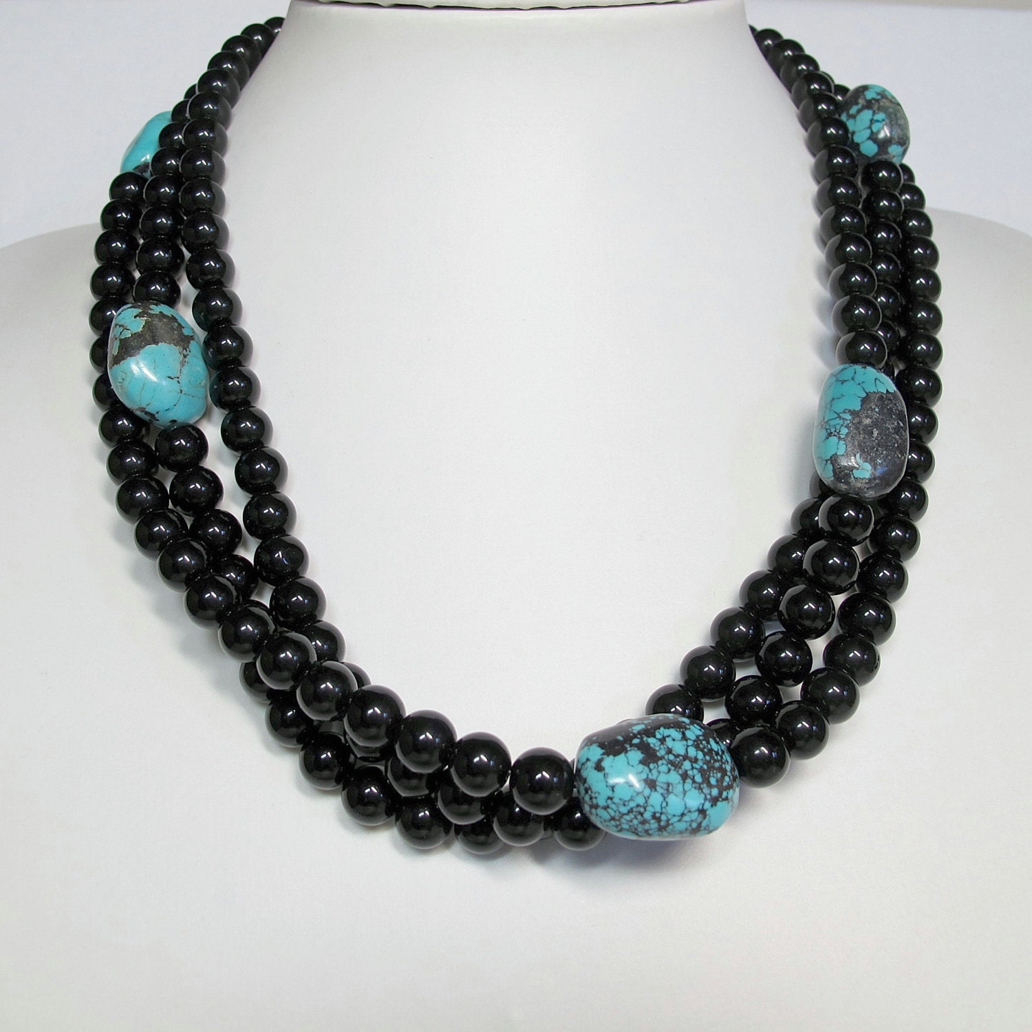 Blue turquoise Black onyx necklace. Mix Gemstone necklace.