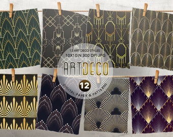 Art Deco Digital Paper, Art Deco Wallpaper, Gold Patterns, Golden Digital Paper, Retro Patterns, Geometric Patterns, Art Deco Clipart, Gold