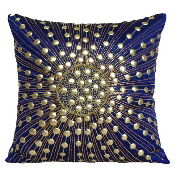 Royal Blue Decorative Throw Pillow Cover With Gold Sequins
