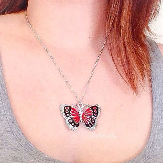 Red Butterfly Necklace Red Butterfly Pendant Black by Hollshobby
